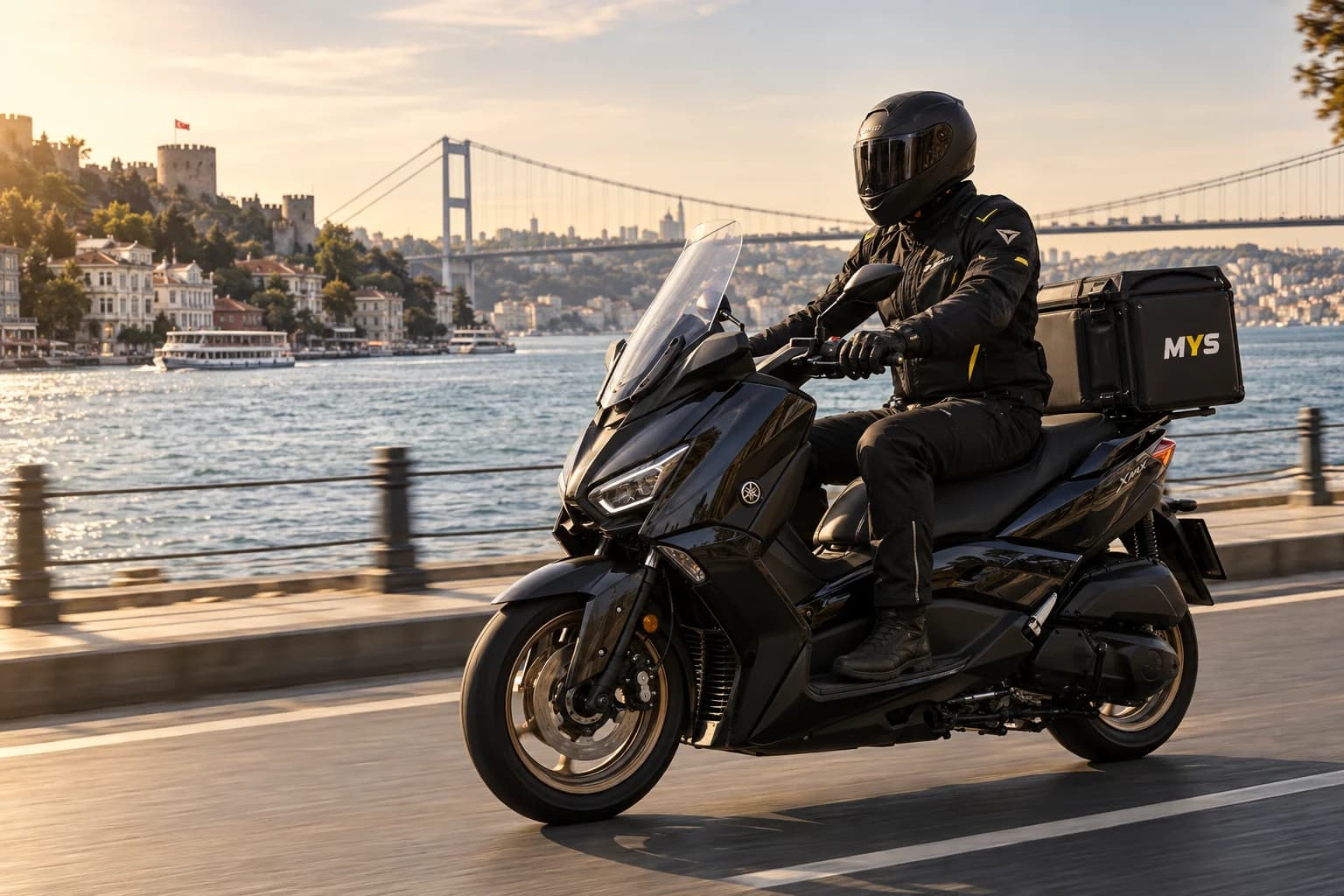 İstanbul Boğazı önünde siyah ve sarı MYS kurye motosikleti — marka görseli